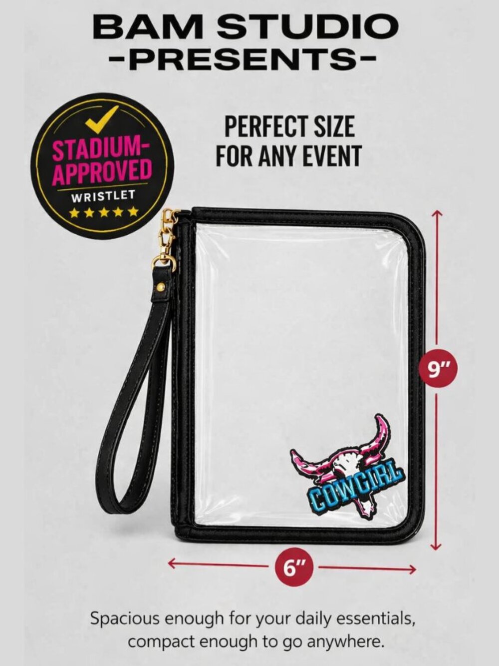BAM Studio Clear Stadium Approved Cowgirl Wristlet 9x6